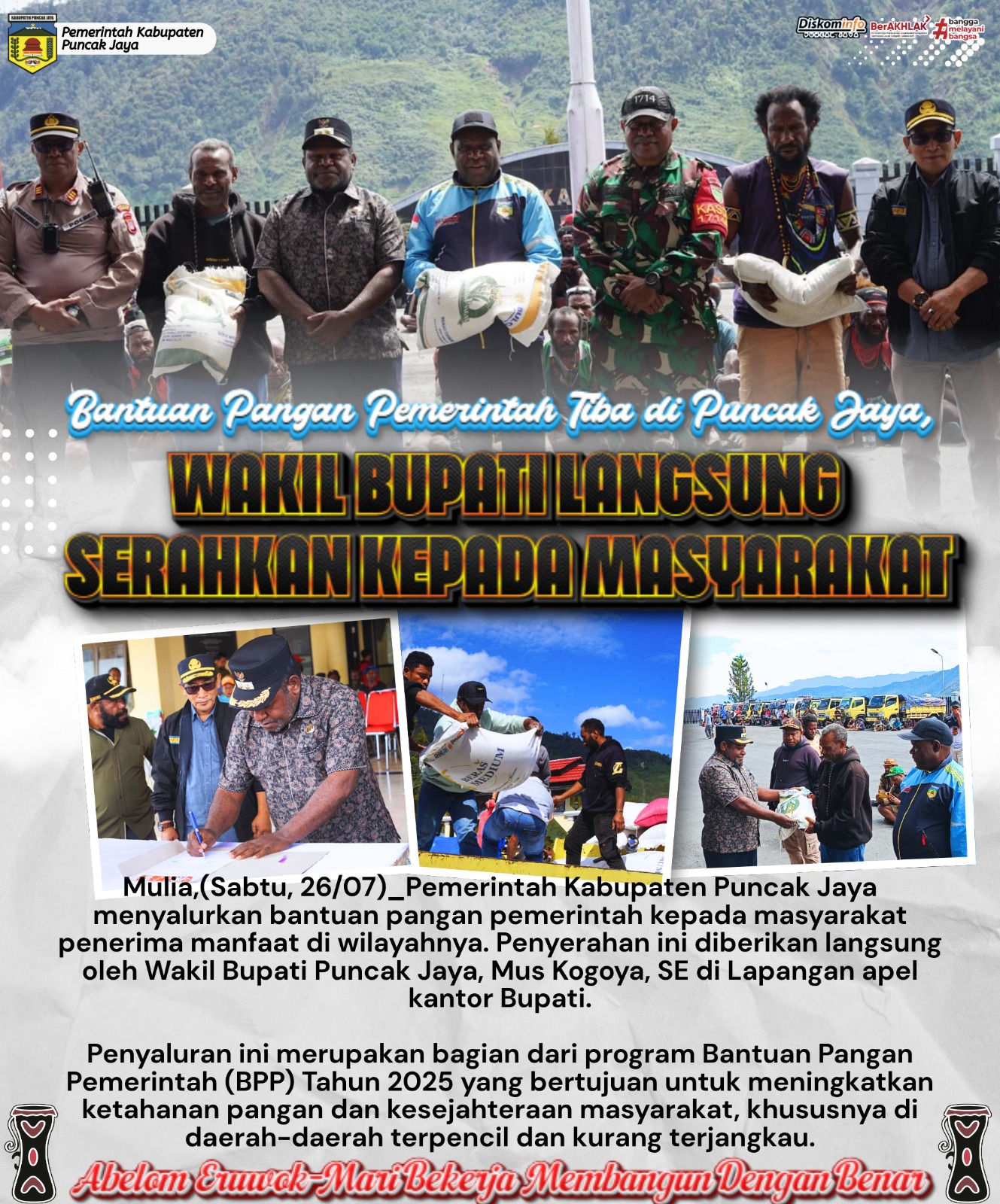 Bantuan Pangan Pemerintah Tiba di Pancak Jaya,
WAKIL BUPATI LANGSUNG SERAHKAN KEPADA MASYARAKAT