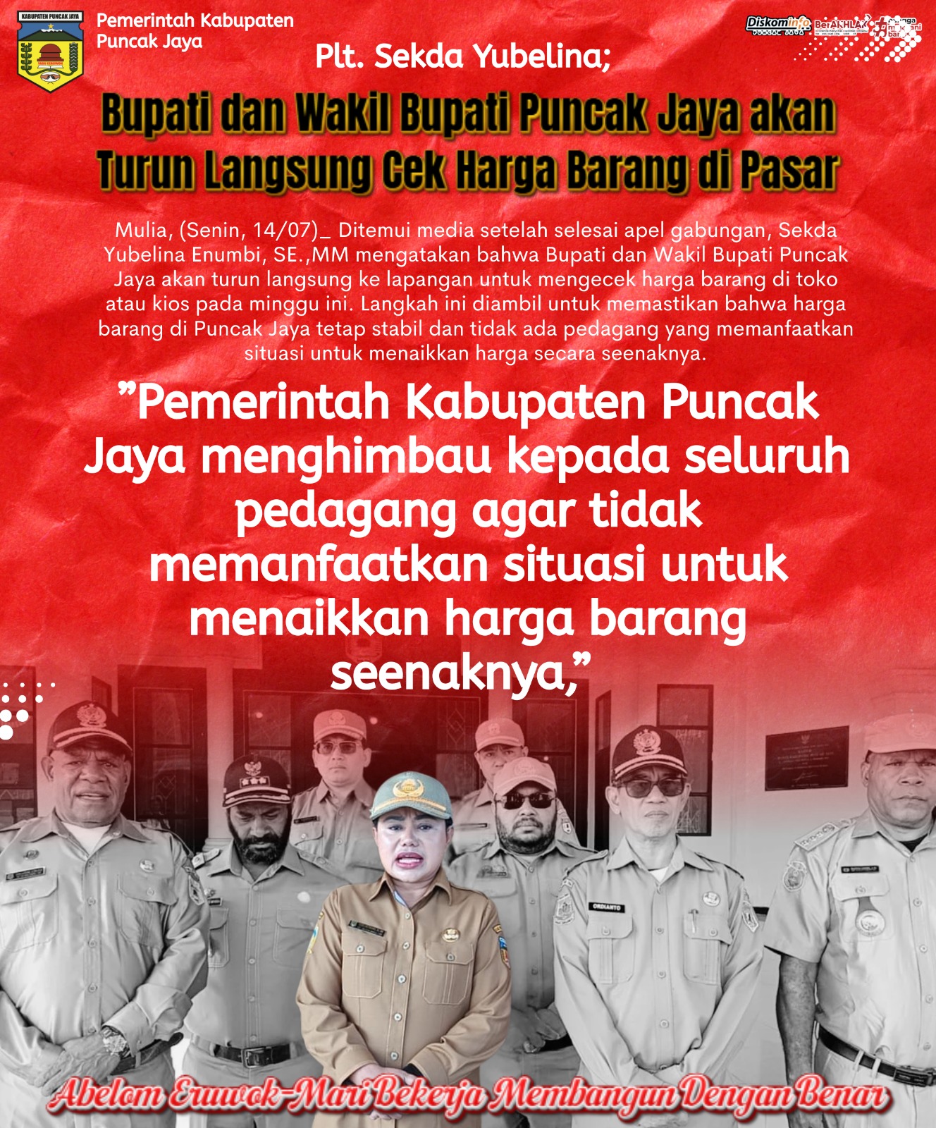 Bupati dan Wakil Bupati Puncak Jaya akan Turun Langsung Cek Harga Barang di Pasar