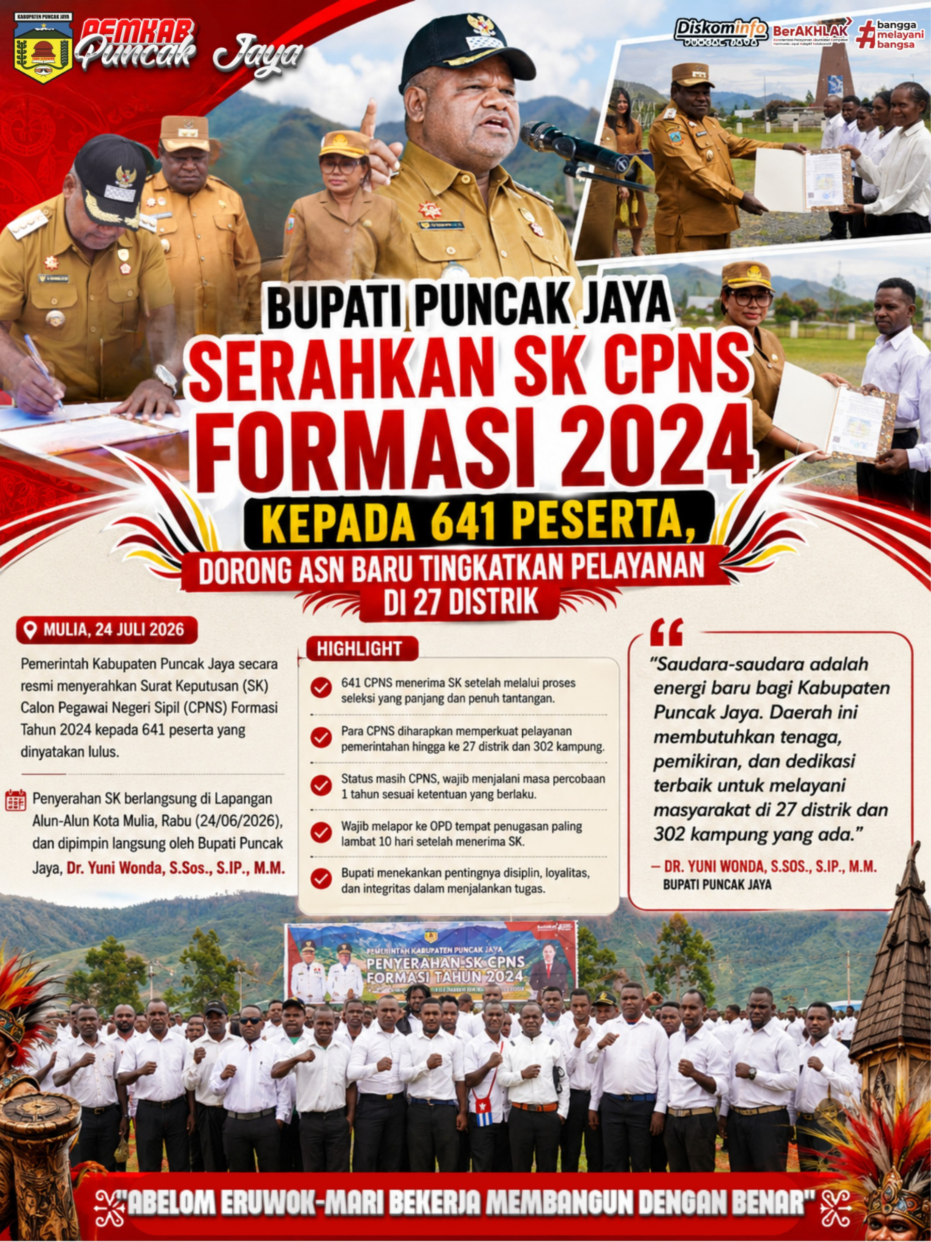 Bupati Puncak Jaya Serahkan SK CPNS Formasi 2024 kepada 641 Peserta, Dorong ASN Baru Tingkatkan Pelayanan di 27 Distrik