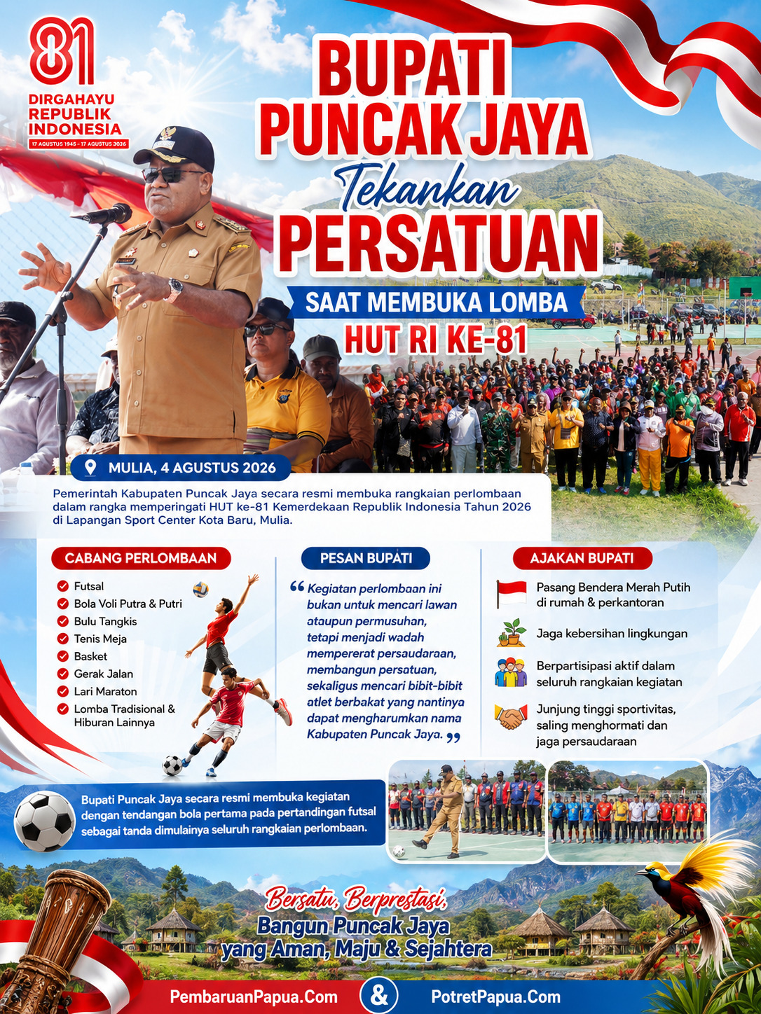 Bupati Tekankan Persatuan dan kesatuan di Puncak Jaya lewat perlombaan