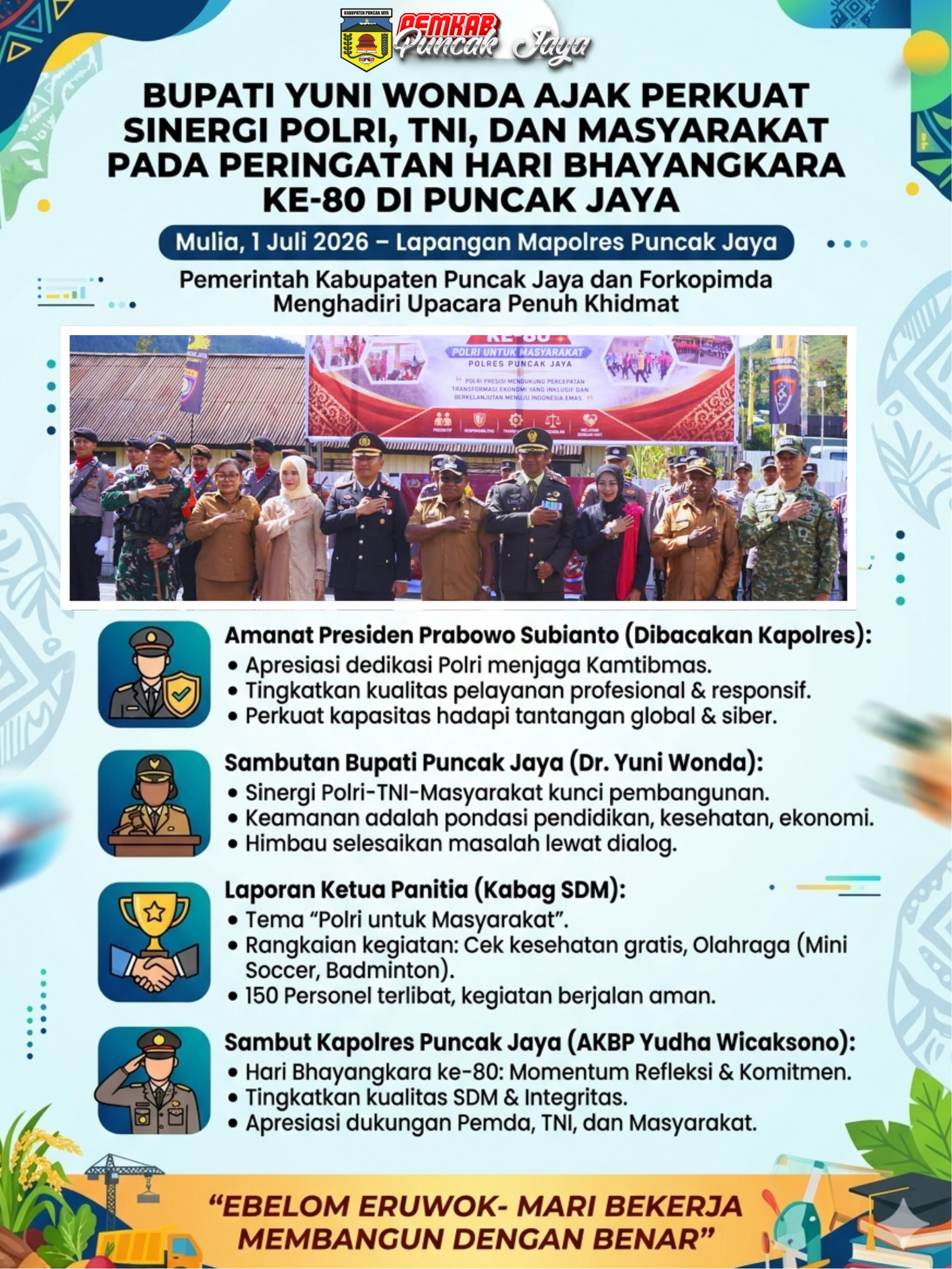 Bupati Yuni Wonda Ajak Perkuat Sinergi Polri, TNI, dan Masyarakat pada Peringatan Hari Bhayangkara ke-80 di Puncak Jaya