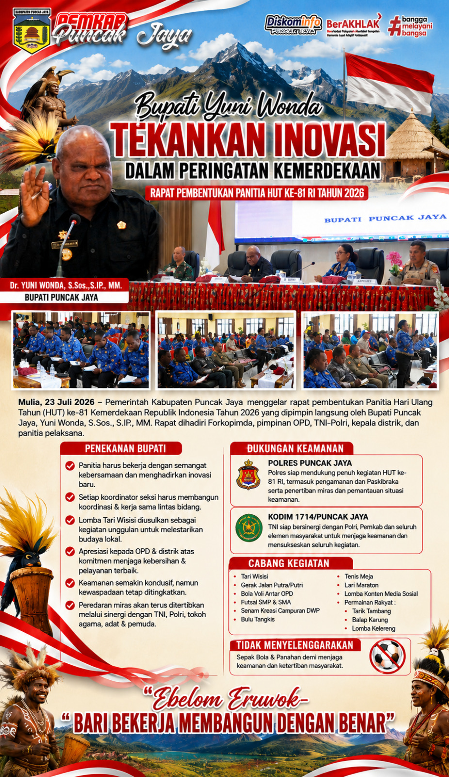 BUPATI YUNI WONDA TEKANKAN INOVASI DALAM PERINGATAN KEMERDEKAAN RAPAT PEMBENTUKAN PANITIA HUT KE-81 RI TAHUN 2026