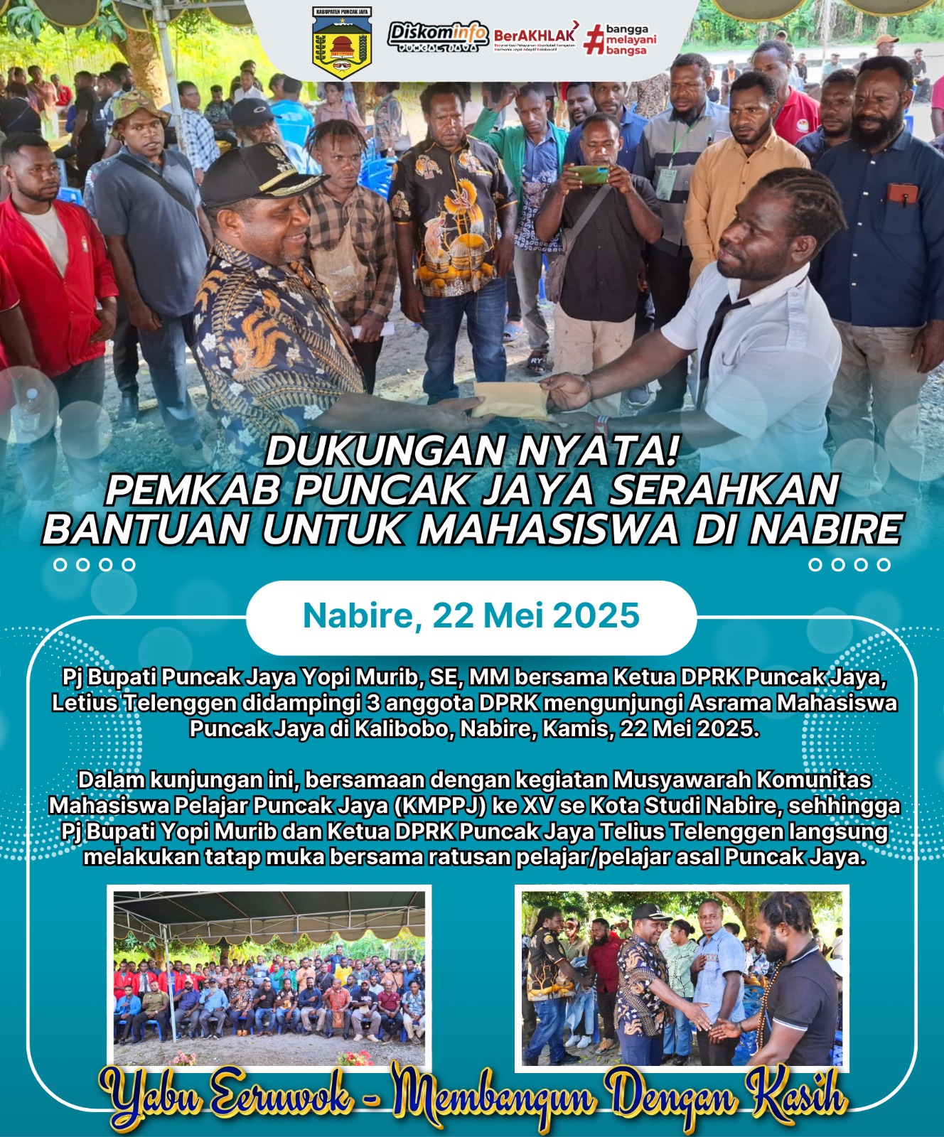 Dukungan Nyata Pemkab Puncak jaya Serahkan Bantuan Untuk Mahasiswa Di Nabire