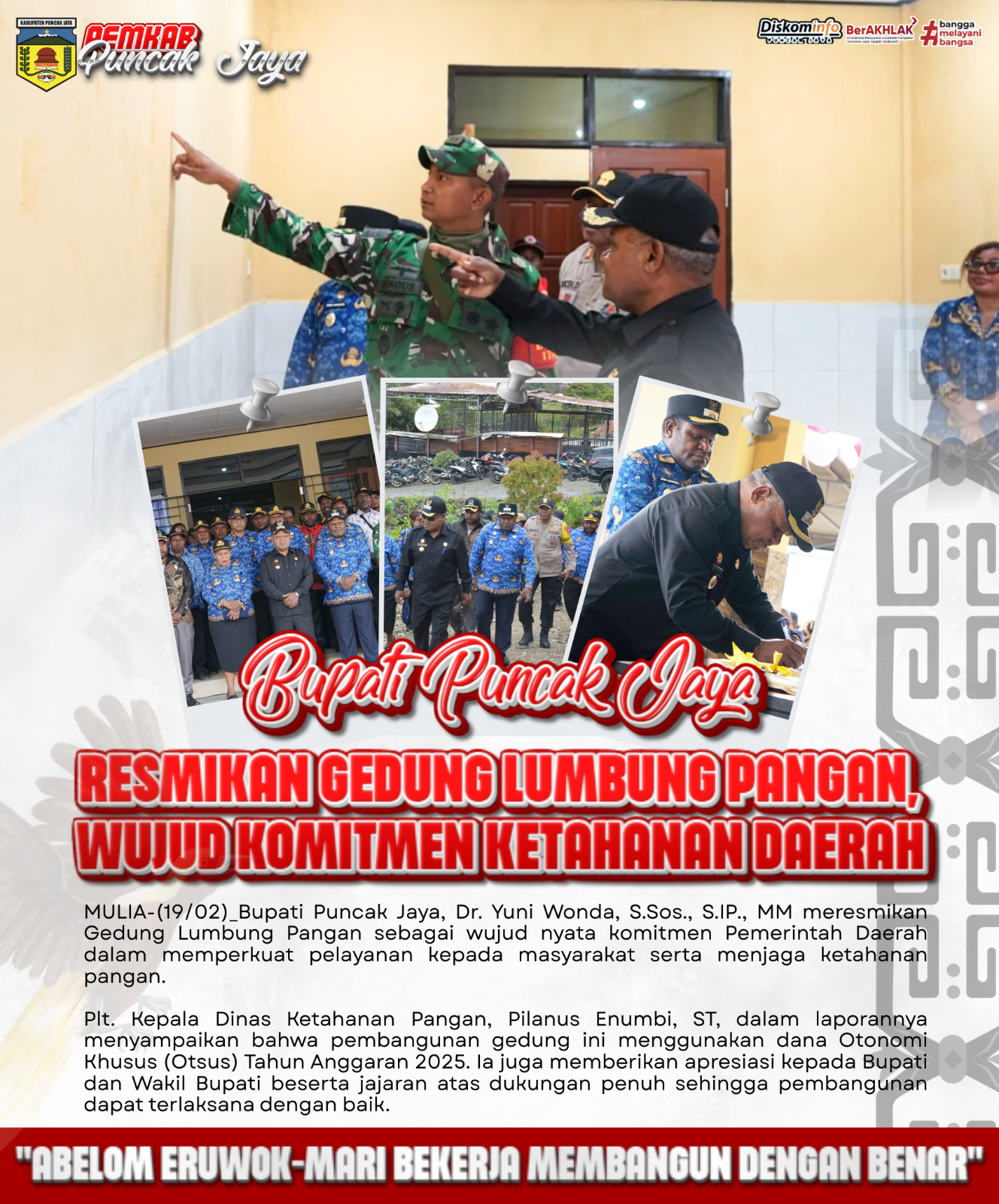 GEDUNG LUMBUNG PANGAN PUNCAK JAYA DIRESMIKAN,WUJUD KOMITMEN KETAHANAN PANGAN DAERAH