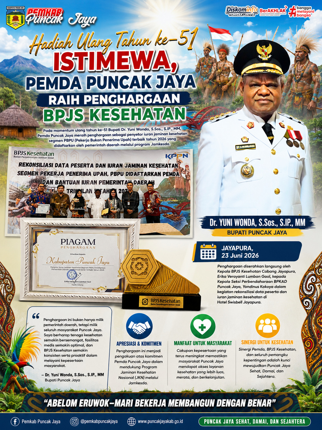 Hadiah Ultah ke-51, Bupati Yuni Wonda Apresiasi Penghargaan BPJS Kesehatan untuk Pemda Puncak Jaya