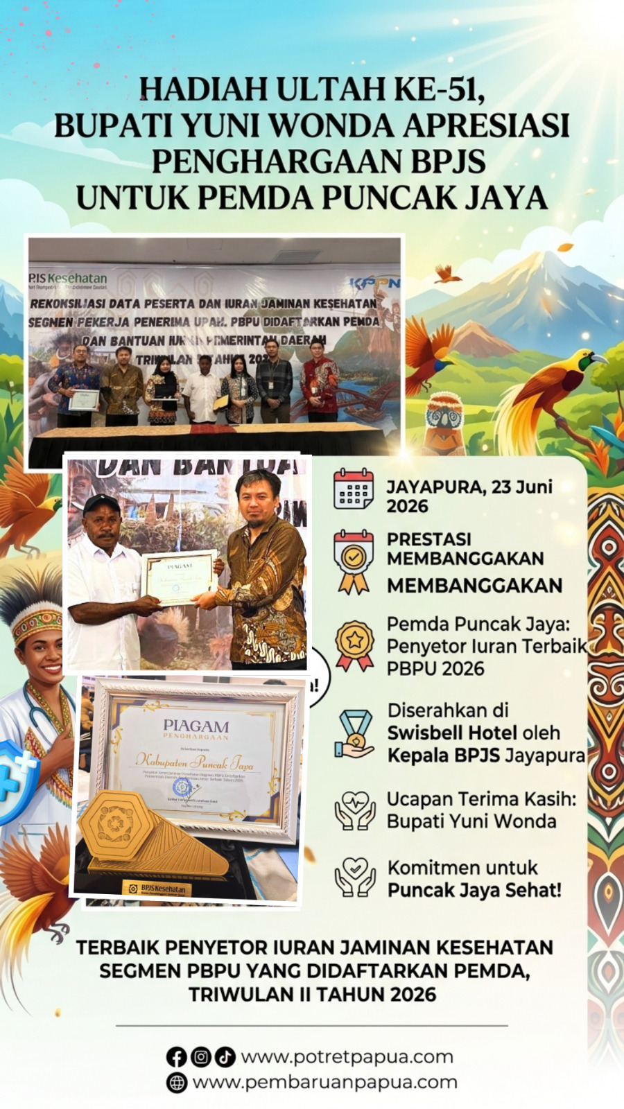 Hadiah Ultah ke-51, Bupati Yuni Wonda Apresiasi Penghargaan BPJS Kesehatan untuk Pemda Puncak Jaya