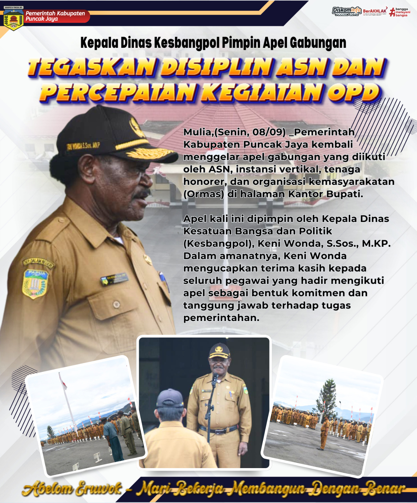 Kepala Dinas Kesbangpol Pimpin Apel Gabungan
TEGASKAN DISIPLIN ASN DAN PERCEPATAN KEGIATAN OPD