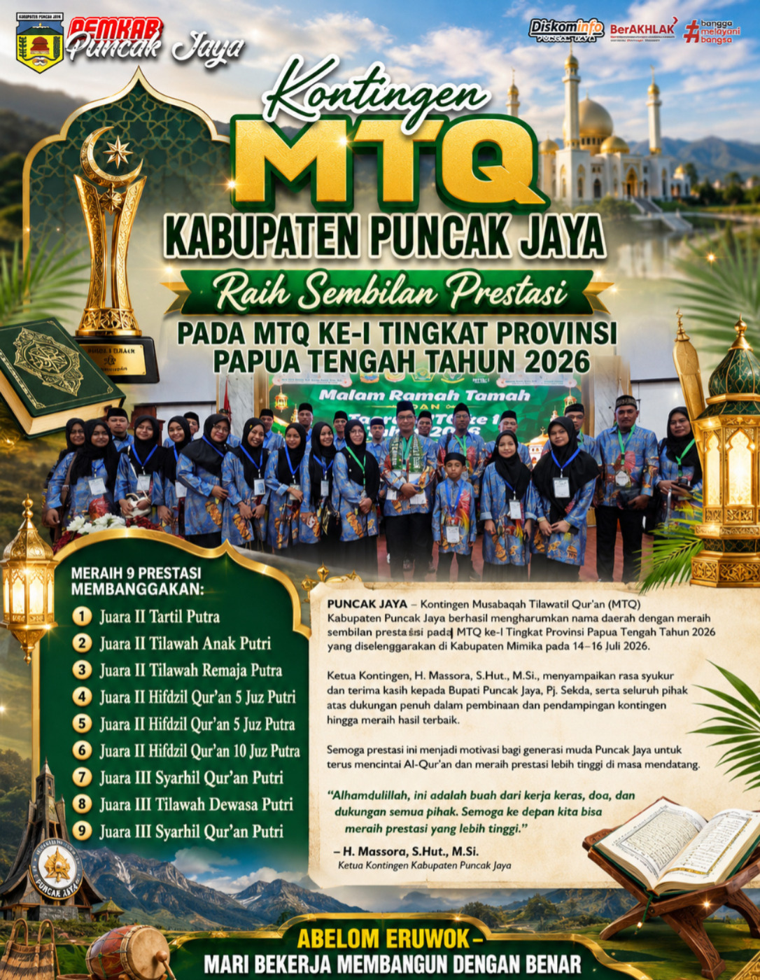 Kontingen MTQ Kabupaten Puncak Jaya Raih Sembilan Prestasi pada MTQ ke-I Tingkat Provinsi Papua Tengah Tahun 2026
