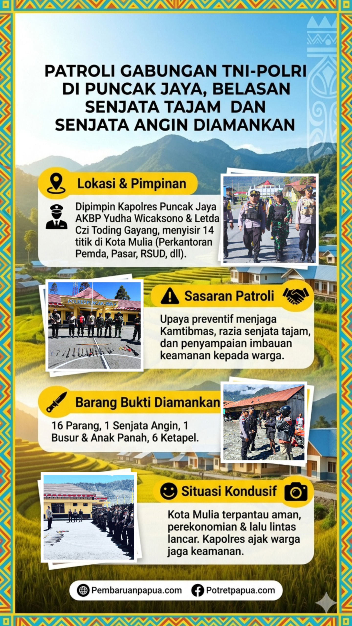Patroli Gabungan TNI-Polri di Puncak Jaya, Belasan Senjata Tajam dan Senjata Angin Diamankan