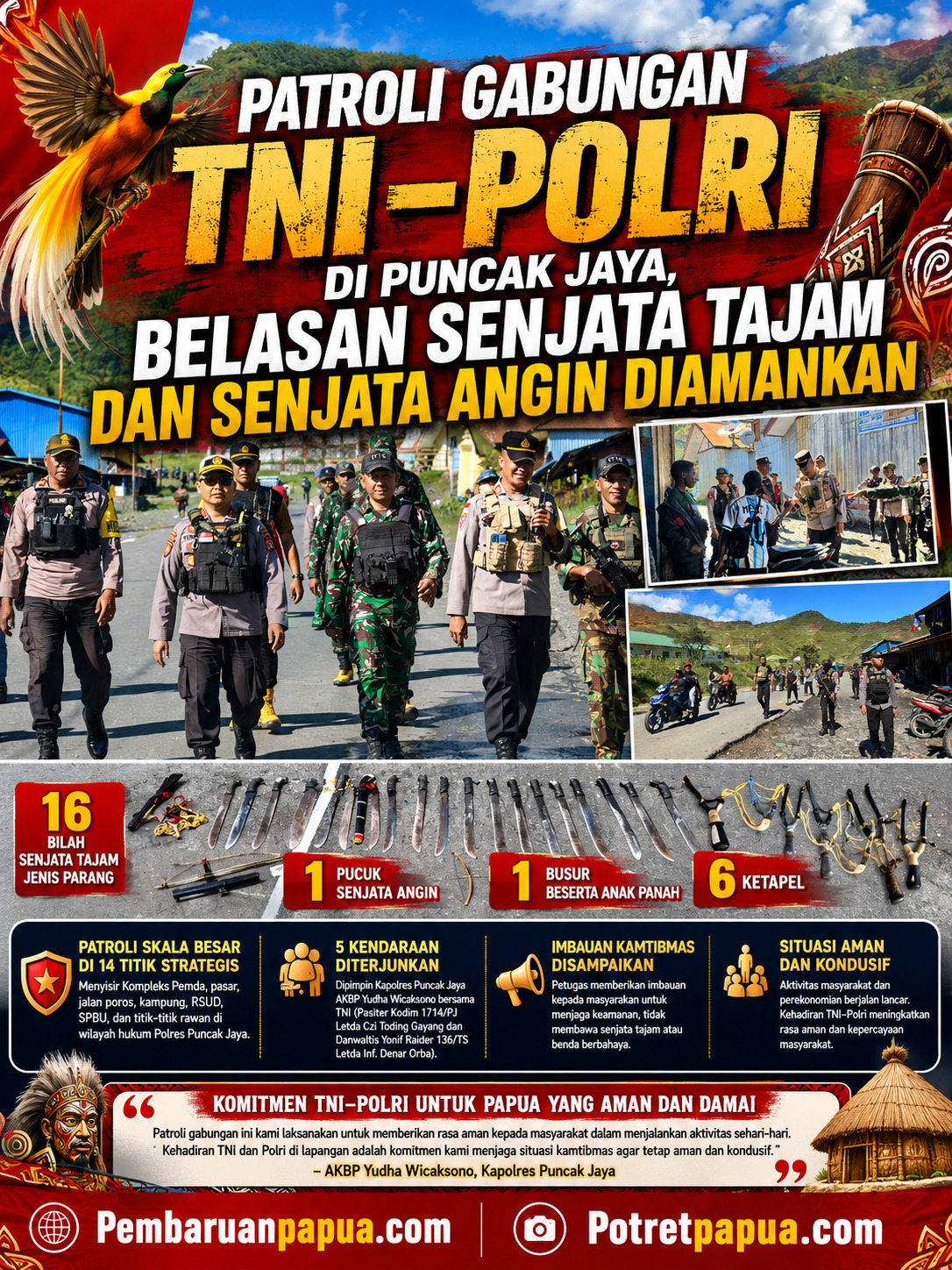 Patroli Gabungan TNI-Polri di Puncak Jaya, Belasan Senjata Tajam dan Senjata Angin Diamankan