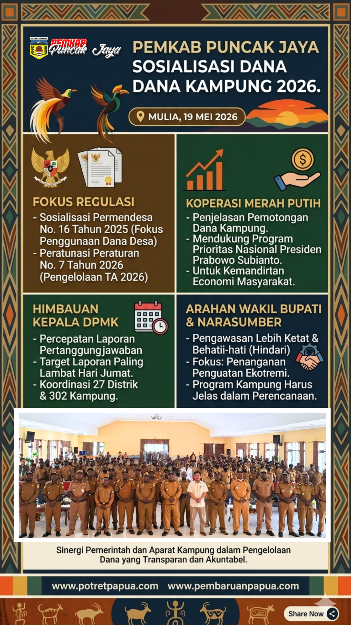 Pemkab Puncak Jaya Gelar Sosialisasi Pemotongan Dana Kampung dan Penguatan Pengelolaan Dana Desa Tahun 2026