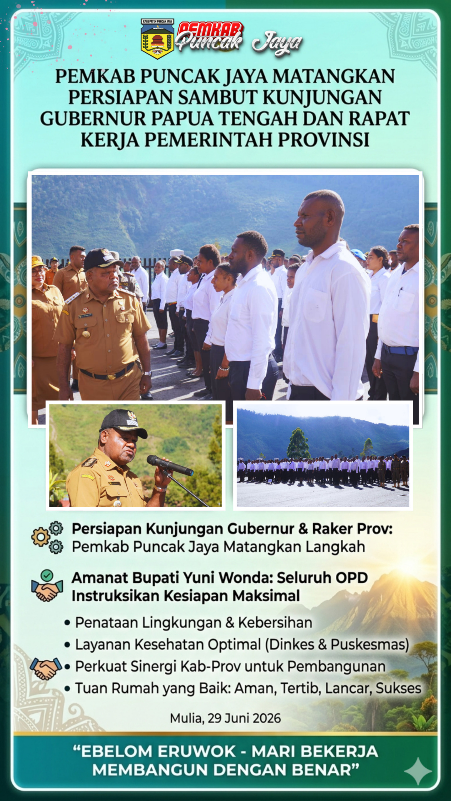 Pemkab Puncak Jaya Matangkan Persiapan Sambut Kunjungan Gubernur Papua Tengah dan Rapat Kerja Pemerintah Provinsi