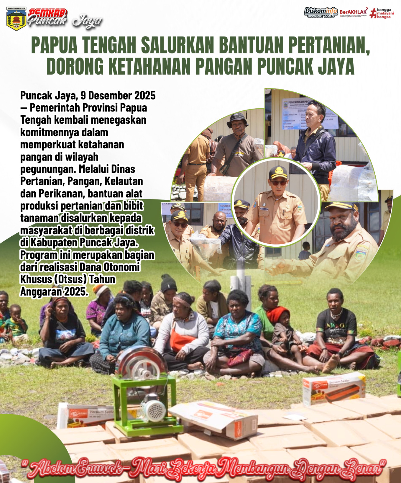 PEMPROV PAPUA TENGAH SALURKAN BANTUAN ALAT PERTANIAN DAN BIBIT TANAMAN UNTUK PERKUAT KETAHANAN PANGAN DI KABUPATEN PUNCAK JAYA