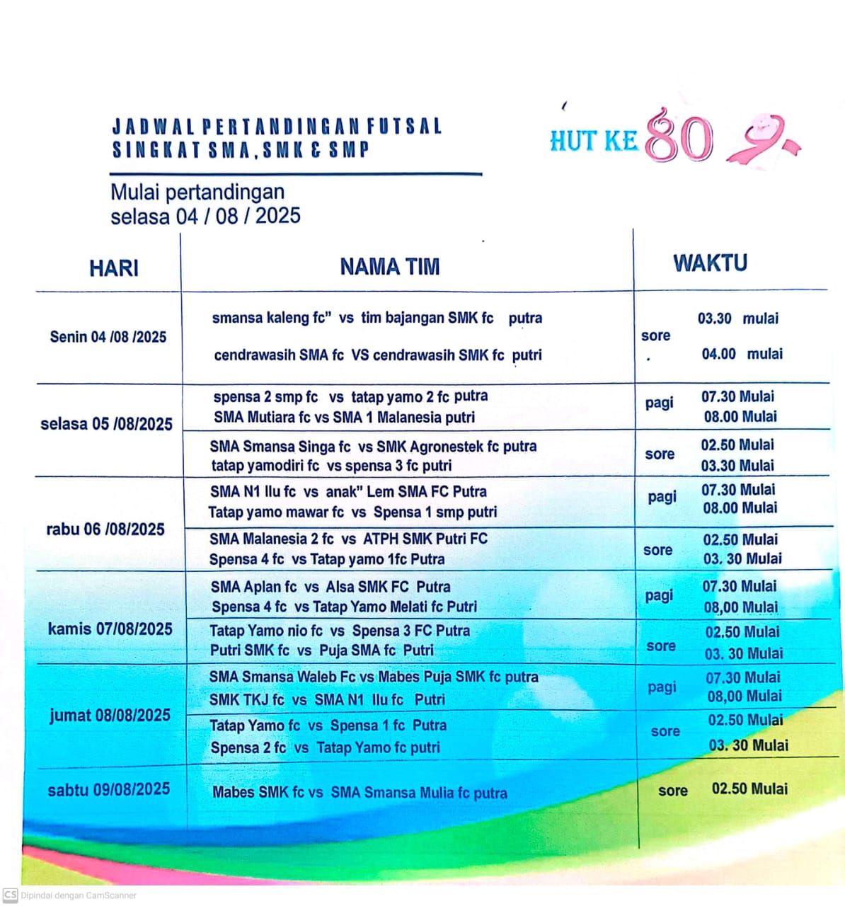 PENGUMUMAN JADWAL PERTANDINGAN FUTSAL DALAM RANGKA HUT RI KE 80
