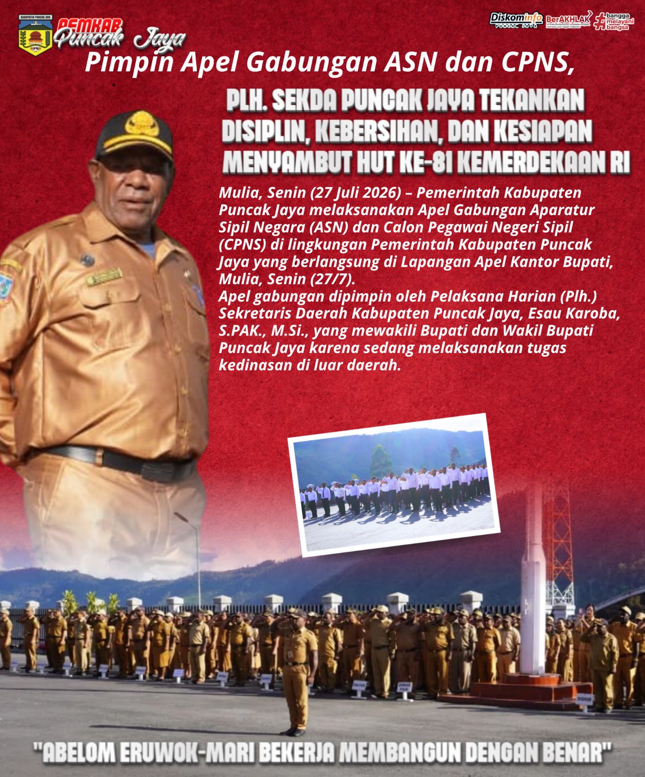 Pimpin Apel Gabungan ASN dan CPNS, Plh. Sekda Puncak Jaya Tekankan Disiplin, Kebersihan, dan Kesiapan Menyambut HUT ke-81 Kemerdekaan RI