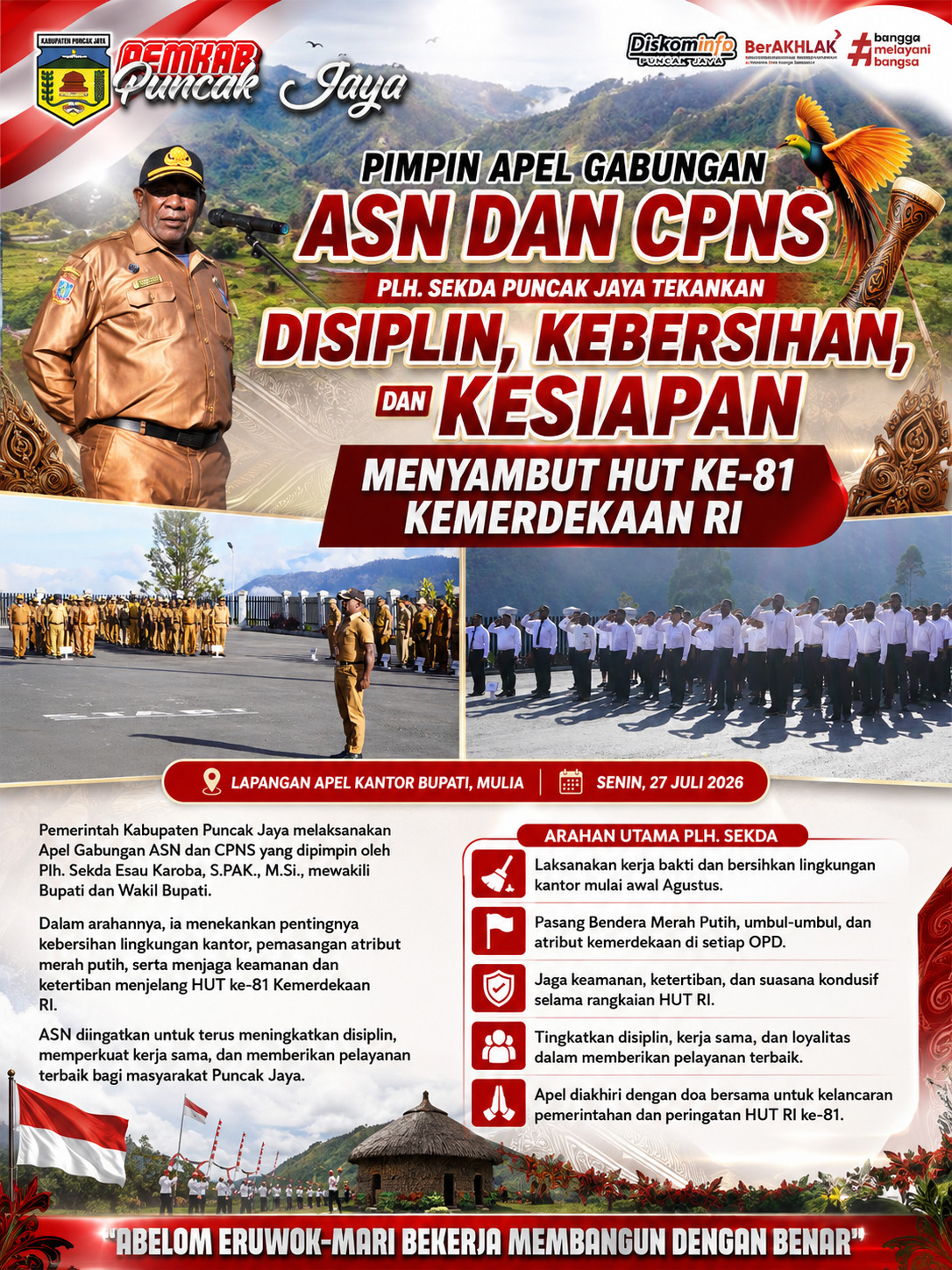 Pimpin Apel Gabungan ASN dan CPNS, Plh. Sekda Puncak Jaya Tekankan Disiplin, Kebersihan, dan Kesiapan Menyambut HUT ke-81 Kemerdekaan RI