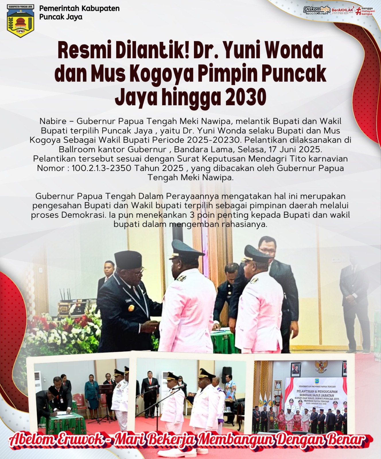 Resmi Dilantik! Dr. Yuni Wonda dan Mus Kogoya Pimpin Puncak Jaya hingga 2030