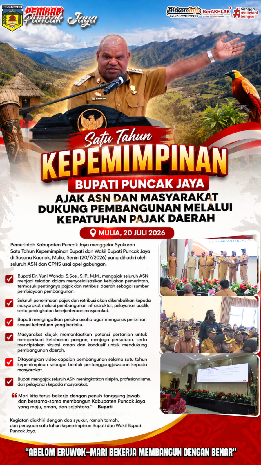 Satu Tahun Kepemimpinan, Bupati Puncak Jaya Ajak ASN dan Masyarakat Dukung Pembangunan Melalui Kepatuhan Pajak Daerah