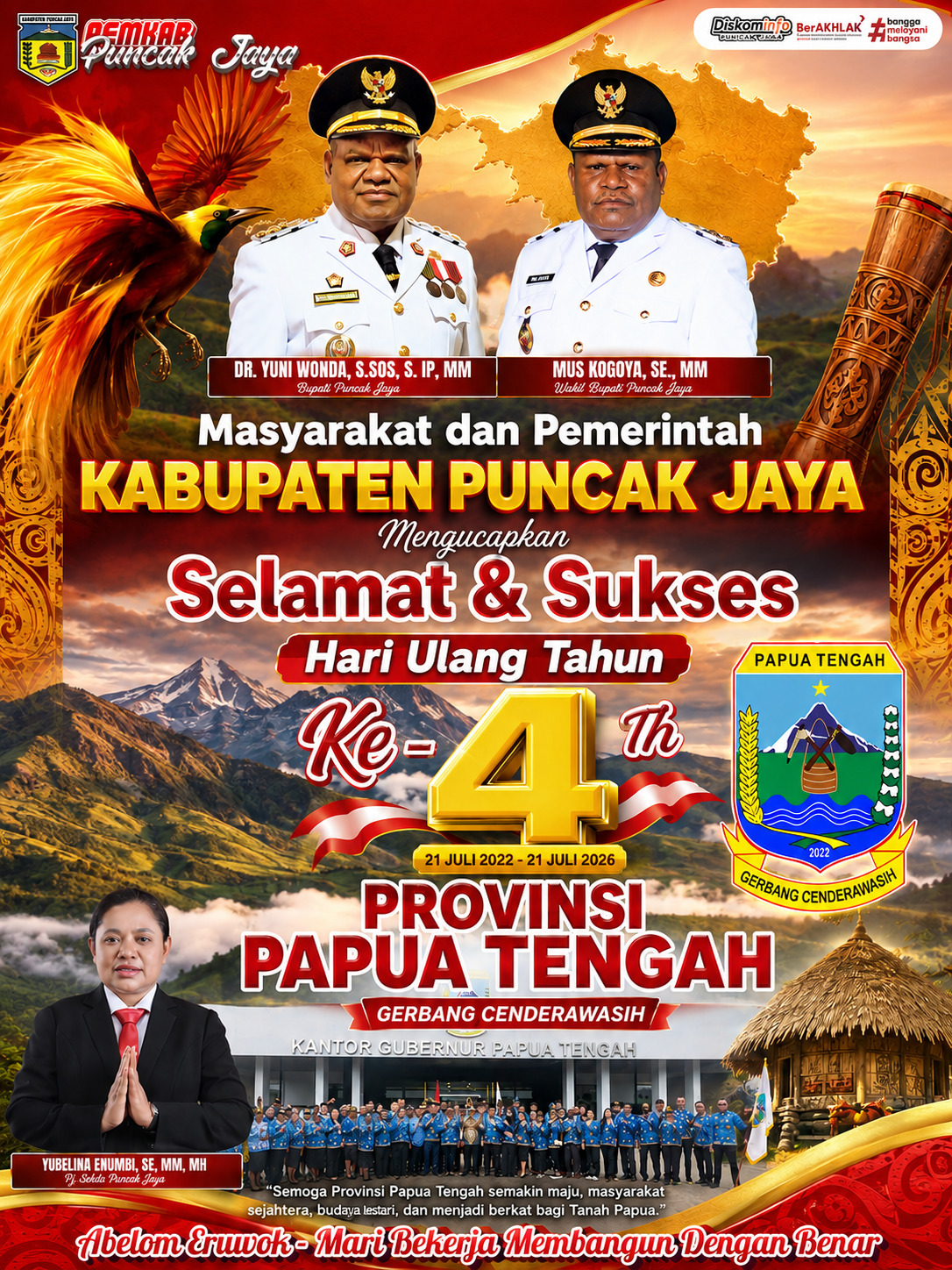 Selamat & Sukses HUT ke-4 tahun PROVINSI PAPUA TENGAH 2026