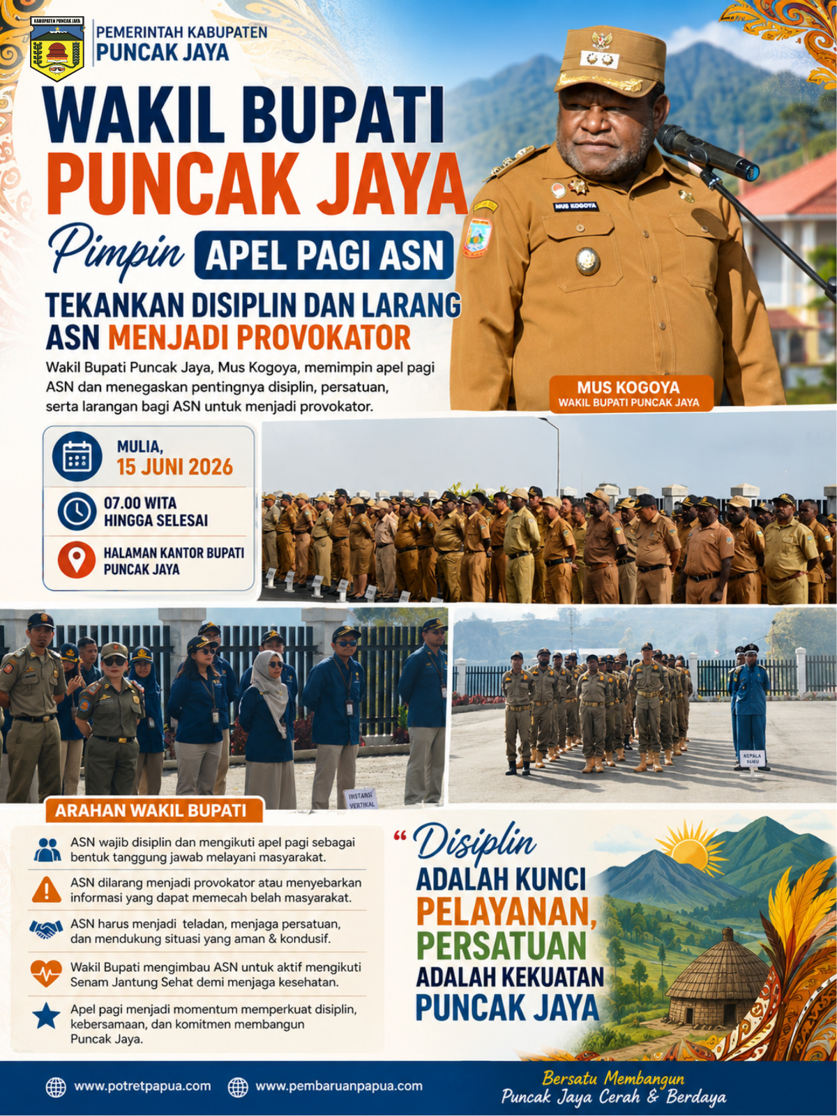 Wakil Bupati Puncak Jaya Pimpin Apel Pagi ASN, Tekankan Disiplin dan Larang ASN Menjadi Provokator