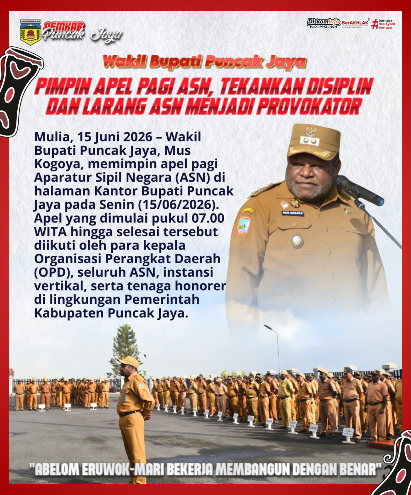 Wakil Bupati Puncak Jaya Pimpin Apel Pagi ASN, Tekankan Disiplin dan Larang ASN Menjadi Provokator