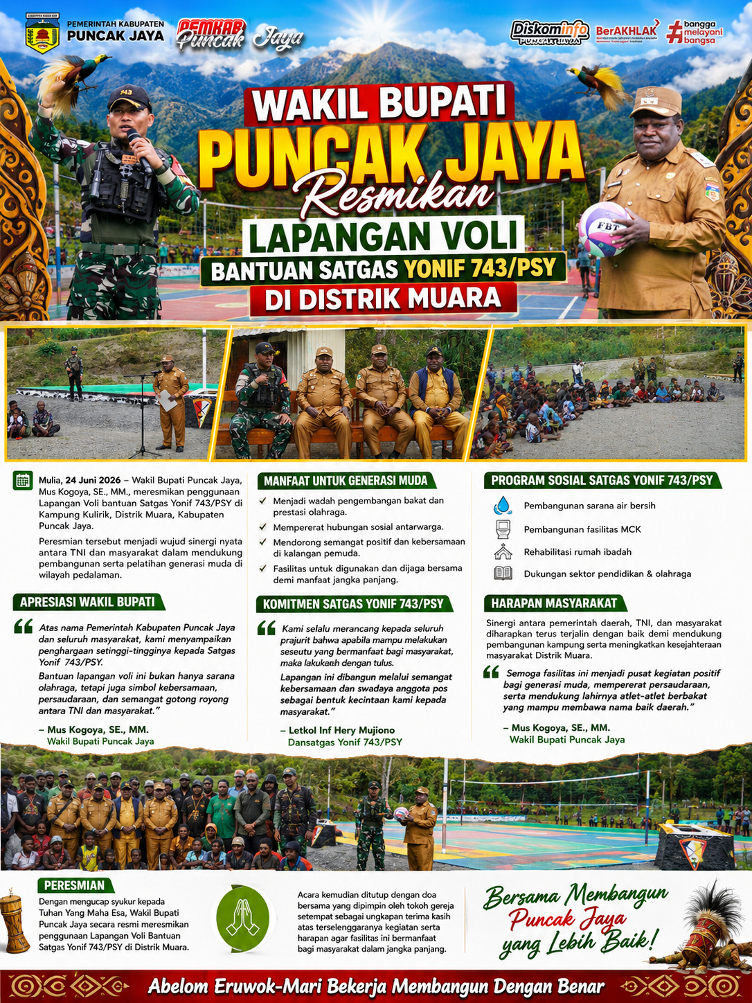Wakil Bupati Puncak Jaya Resmikan Lapangan Voli Bantuan Satgas Yonif 743/PSY di Distrik Muara