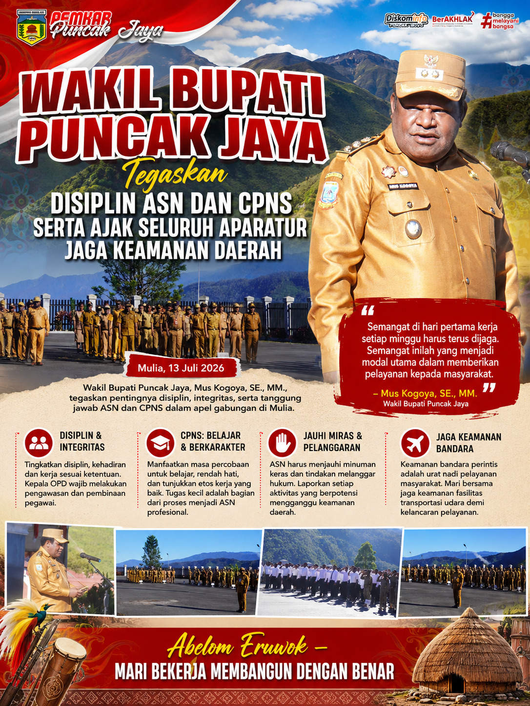 Wakil Bupati Puncak Jaya Tegaskan Disiplin ASN dan CPNS serta Ajak Seluruh Aparatur Jaga Keamanan Daerah